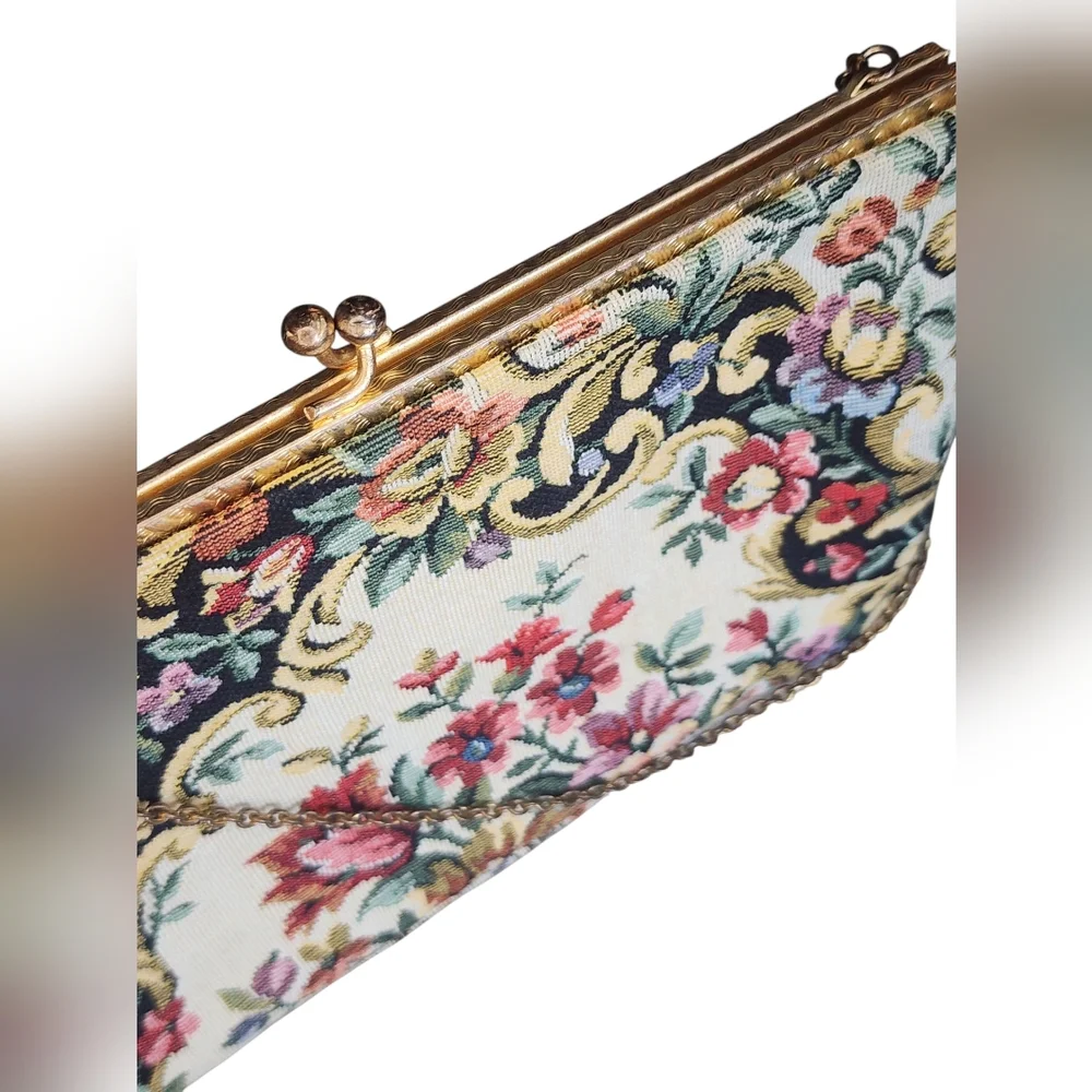 Vintage french floral tapestry clutch purse